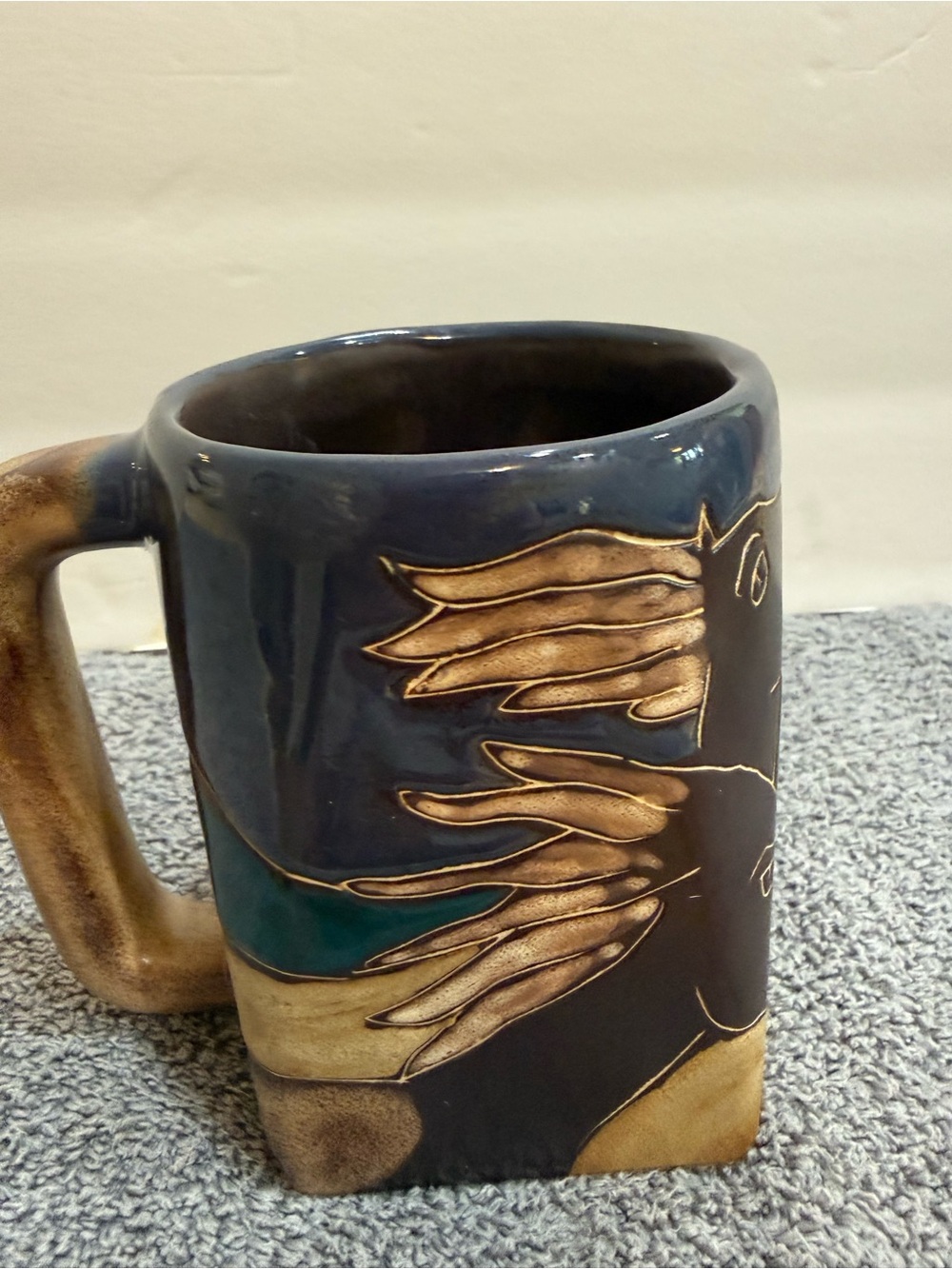 Mexican Pottery Wild Horses Coffee Mug Teal Blue Horse Cup Mara Signed Square - Picture 4 of 6